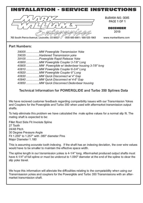 Powerglide Roller Tail Slip Yoke 1350 27 Spline Extended Extreme Duty 4340